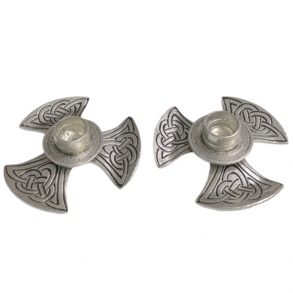 Vintage Piper Pewter Celtic Axe Head Candle Holders Knox Trinity Knot Set of 2